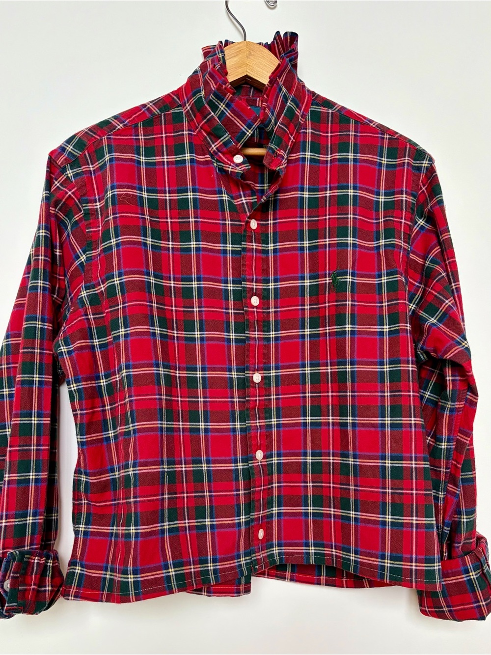 Viral Reworked Upcycled RALPH LAUREN Red Tartan Plaid Shirt Ruffle Collar, M